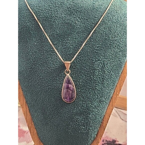 Amethyst Teardrop Pendant Necklace 925 Silver 16" Box Chain February Birthstone - Picture 1 of 7